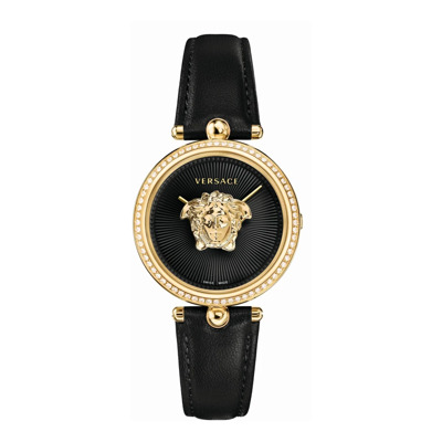 Empire Zwart Lederen Gouden Diamanten Horloge Versace , Multicolor , Dames