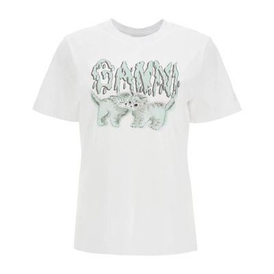 Logo Print Relaxed Fit T-Shirt Ganni , White , Dames