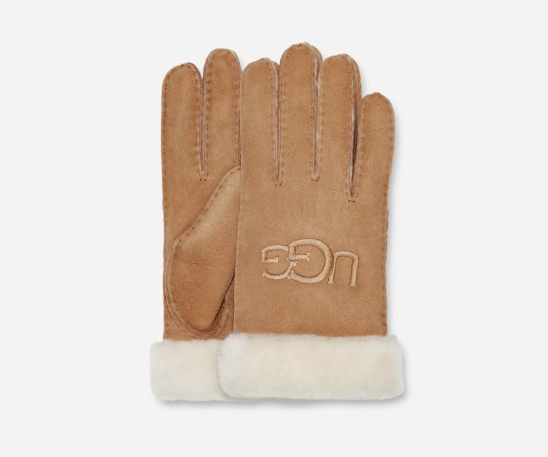 UGG® Handschoen van sheepskin met borduursels in Brown, Maat S, Shearling