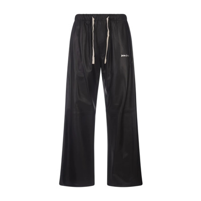 Zwarte Leren Wijde Broek met Logo Palm Angels , Black , Heren