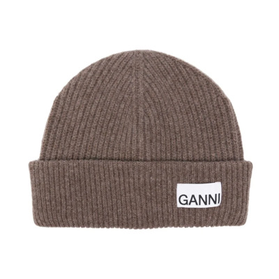 Bruine Gebreide Muts Hat Ganni , Brown , Dames