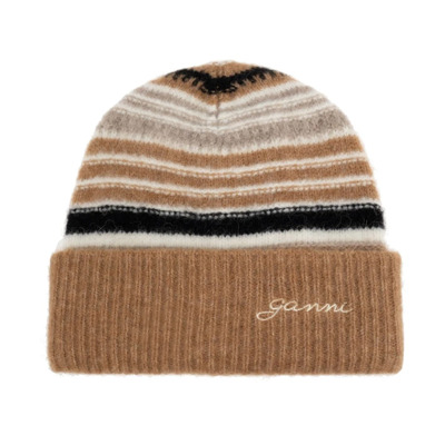 Bruine Gestreepte Wollen Beanie Muts Ganni , Brown , Dames