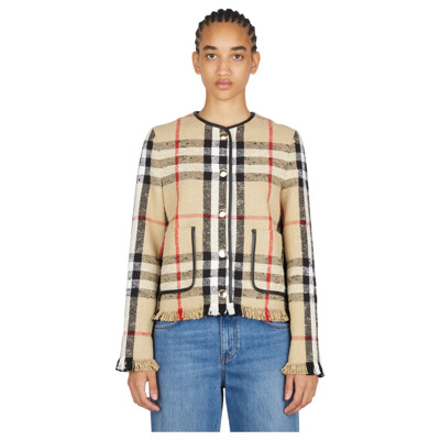 Check Bouclé Fringe Jas Burberry , Beige , Dames