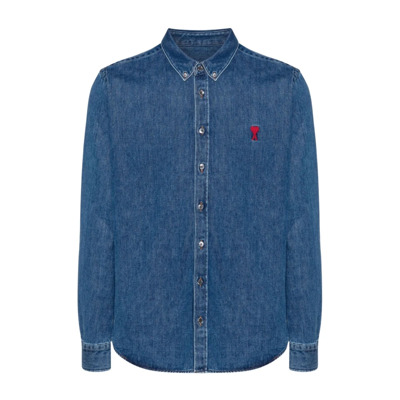 Denim Heart Logo Shirt Blauw Ami Paris , Blue , Heren