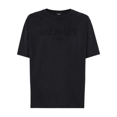 Geborduurd Logo Crew Neck T-shirts Balmain , Gray , Heren