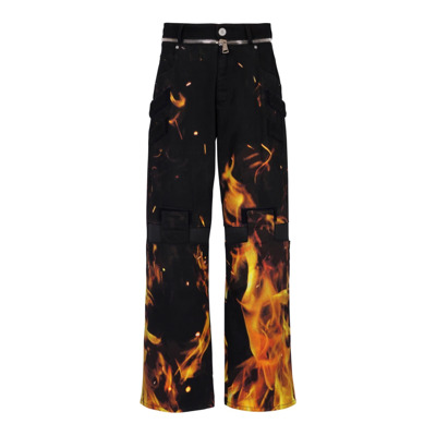 Jeans met vuurprint en inzetstukken Balmain , Orange , Heren