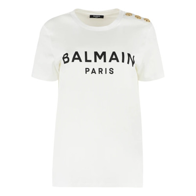 Katoenen Crew-Neck T-Shirt met Versierde Knopen Balmain , White , Dames