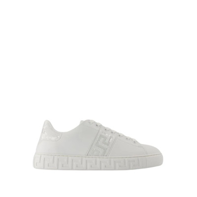 Witte Katoenen Sneakers Vetersluiting Ronde Neus Versace , White , Dames