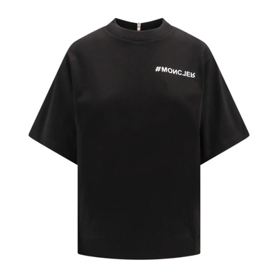 Zwarte Geribbelde T-shirt met Logo Patch Moncler , Black , Dames