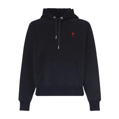 Zwarte Katoenen Hoodie met Rood Hart Logo Ami Paris , Black , Heren