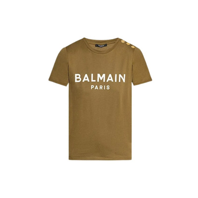 Bedrukt Logo Katoenen T-Shirt Balmain , Green , Dames