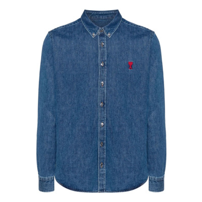 Blauwe Denim Shirt met Hart Monogram Ami Paris , Blue , Heren