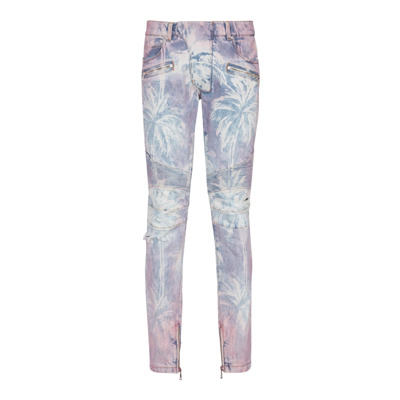 Denim biker jeans met een palmboomprint Balmain , Multicolor , Heren