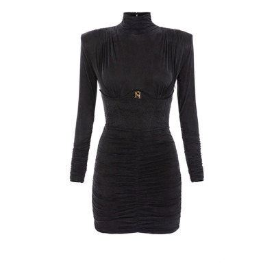 Elegante Zwarte Jersey Jurk met Geborduurde Diamanten Elisabetta Franchi , Black , Dames