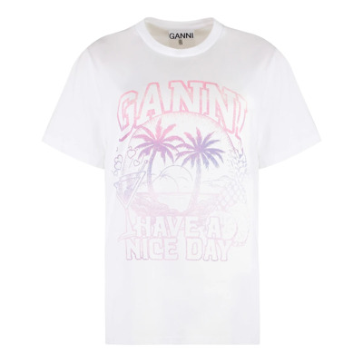 Geribbelde Katoenen Crew-Neck T-shirt Ganni , White , Dames