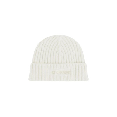 Geribbelde Lamswollen Logo Beanie C.p. Company , White , Heren