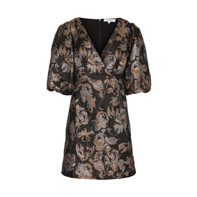 Stella Jacquard Jurk met Puffermouwen en V-Hals - Zwart met Bruine Bloemenprint Co'Couture , Black , Dames