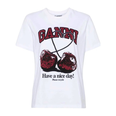 Wit Katoenen T-shirt met Logo Print Ganni , White , Dames