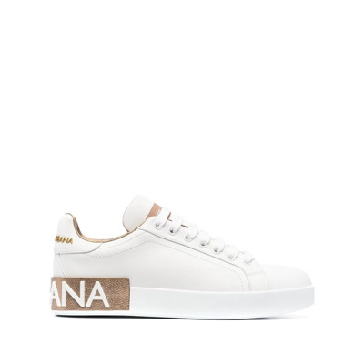 Witte/Goudkleurige Sneakers met Merkhielstuk Dolce & Gabbana , White , Dames