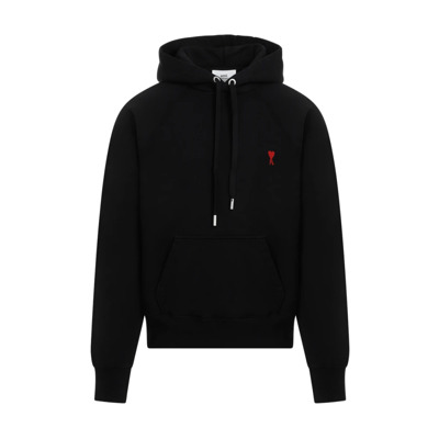 Zwarte Katoenen Hoodie met Rood Logo Ami Paris , Black , Heren