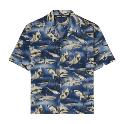 Blauw Haai Korte Mouw Bowling Shirt Palm Angels , Blue , Heren