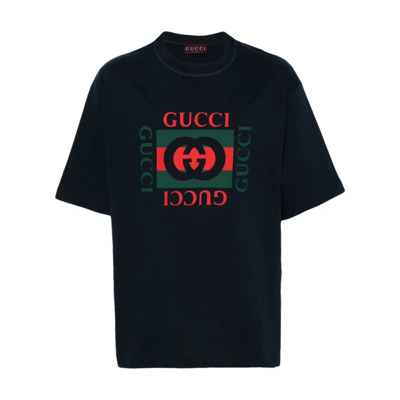 Blauw Logo Print Crew Neck T-shirt Gucci , Blue , Heren