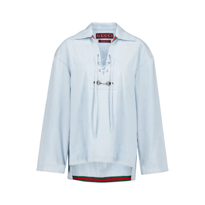 Denim Polo Shirt met Web-Stripe Trim Gucci , Blue , Dames