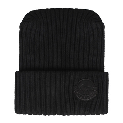 Geribbelde wollen beanie met logo patch Moncler , Black , Heren