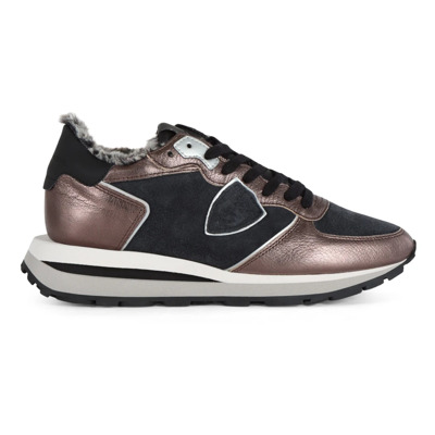 Leren en stoffen hoge sneakers Philippe Model , Brown , Dames