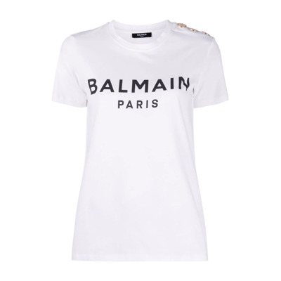 Logo-Print Button-Embellished T-Shirt Balmain , Black , Dames