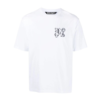 Monogram Wit Katoenen T-shirt Palm Angels , White , Heren