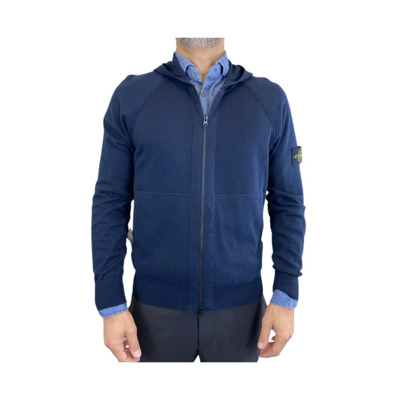 Navy Blauwe Hooded Gebreide Jas Stone Island , Blue , Heren