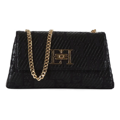 Raffia Jacquard Schoudertas met Logo Elisabetta Franchi , Black , Dames