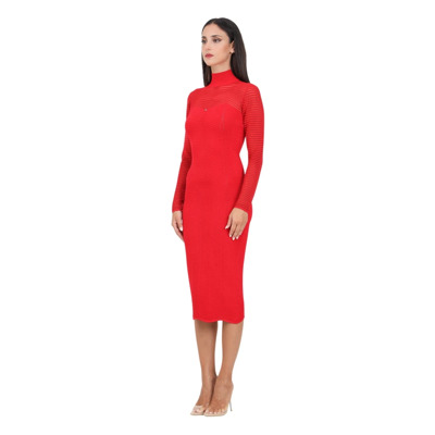 Rode Chevron Midi Jurk met Doorschijnende Mouwen Elisabetta Franchi , Red , Dames