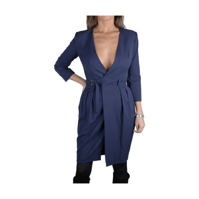 Viscose V-hals Jurk met Riem en Zakken Elisabetta Franchi , Blue , Dames