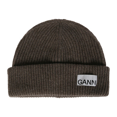 Wollen Logo Beanie Muts Ganni , Brown , Dames