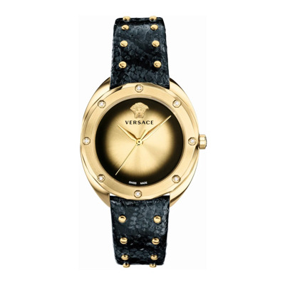 Zwart Lederen Goud Roestvrij Stalen Horloge Versace , Multicolor , Dames