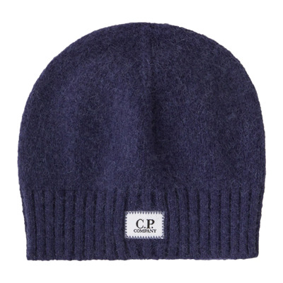 Alpaca Wol Ribgebreide Beanie met Logo Patch C.p. Company , Blue , Heren