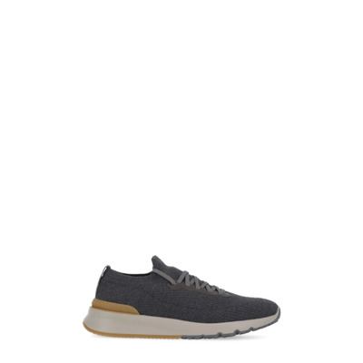 Grijze Wol Gebreide Sneakers Leren Details Brunello Cucinelli , Gray , Heren