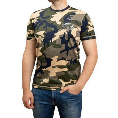 Heren T-shirt Klassiek Logo Navy-Groen-Beige Diesel , Multicolor , Heren