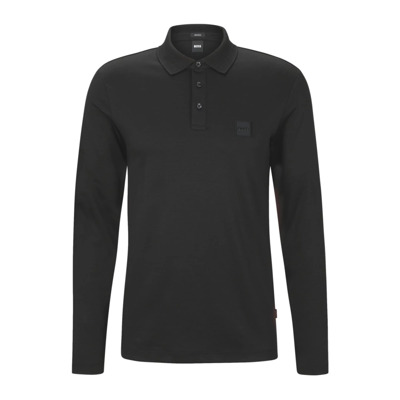 Lange Mouw Katoenen Polo met Logo Patch Hugo Boss , Black , Heren