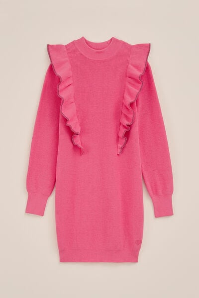 WE Fashion - Meisjes gebreide jurk met ruches - Regular fit - Roze - Katoen - Maat: 92