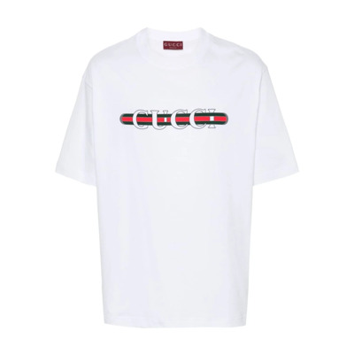 Witte Logo Print T-shirts Polos Gucci , White , Heren