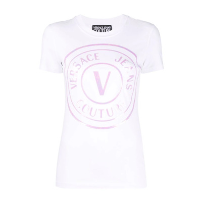 Witte T-shirt met Logo Print van Stretch Katoen voor Dames Versace Jeans Couture , White , Dames