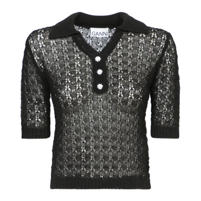 Zwarte Shirt met Lange Mouwen en Pointelle Breisel Ganni , Black , Dames