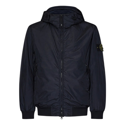 Blauwe Gewatteerde Winddichte Jas met Capuchon Stone Island , Blue , Heren