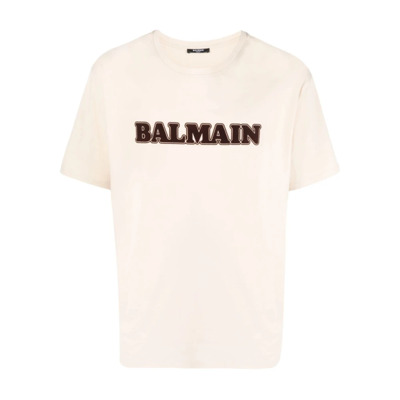 Flocked Logo Katoenen T-shirt Balmain , Beige , Heren