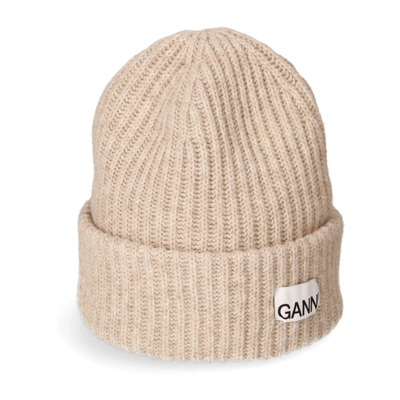 Gestructureerde rib muts van wolmix met logo Ganni , Beige , Unisex