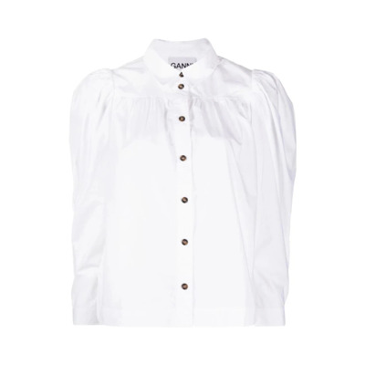 Poplin Button Down Puff Sleeve Shirt Ganni , White , Dames