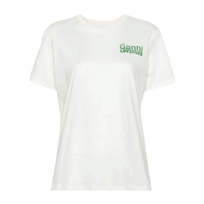 Wit Katoen Logo Print Crew Neck T-shirt Ganni , White , Dames